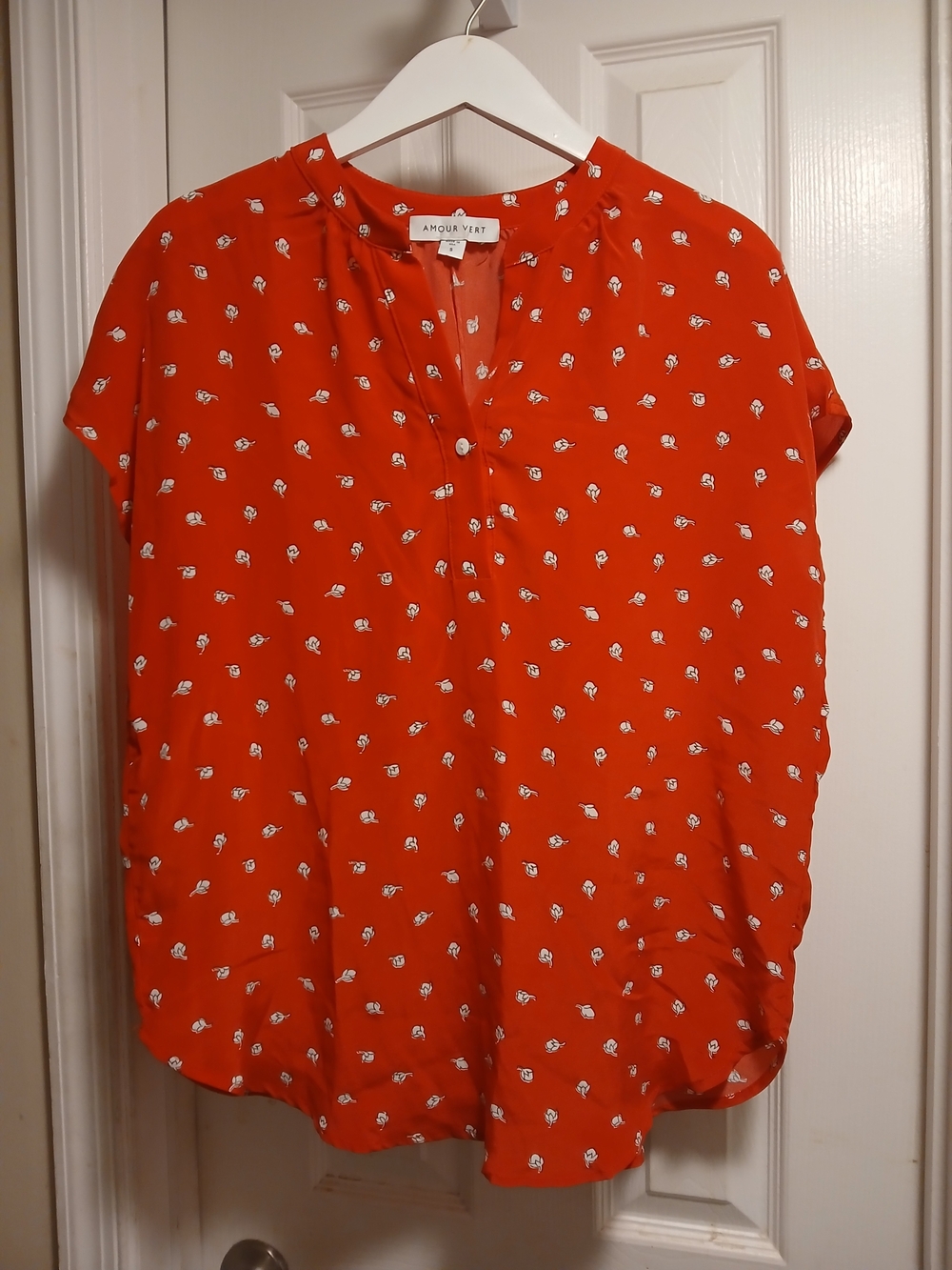 Amour Vert Red Silk Short-Sleeve Floral Blouse Tunic Shirt Sz.S